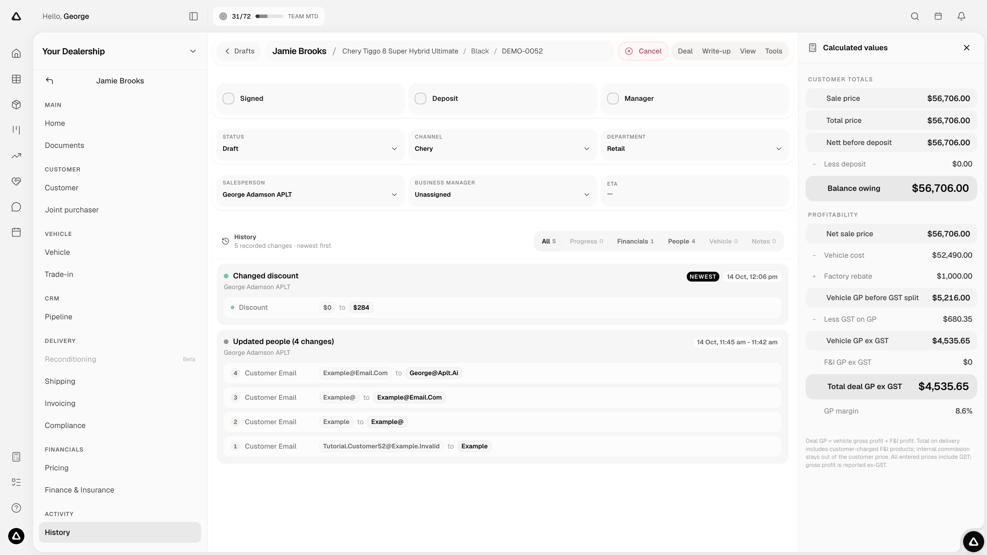 Deal history showing a discount change, grouped customer email changes and the activity filters.
